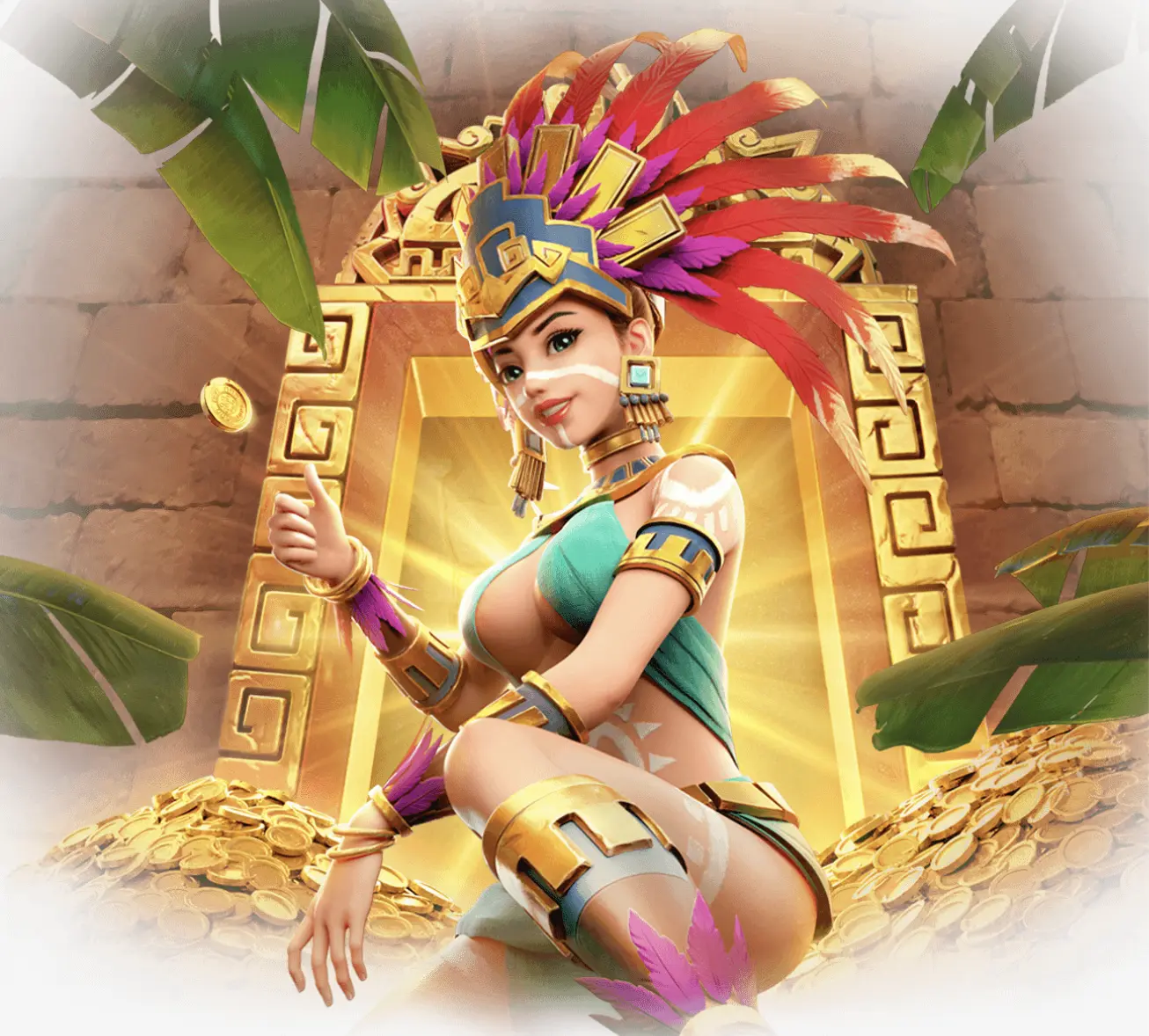 Treasures of Aztec hero art with the Aztec priestess in front of a golden temple doorway