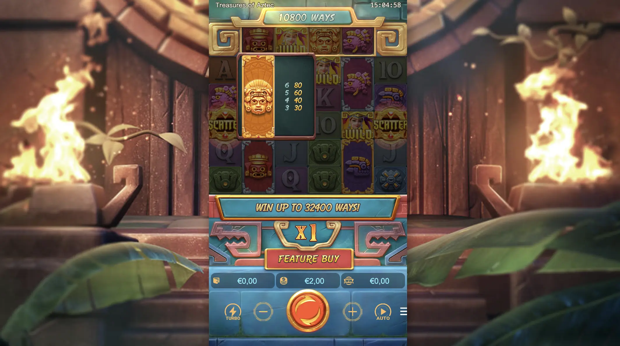 Treasures of Aztec gameplay screen showing a silver-framed symbol during the Wilds on the Way feature