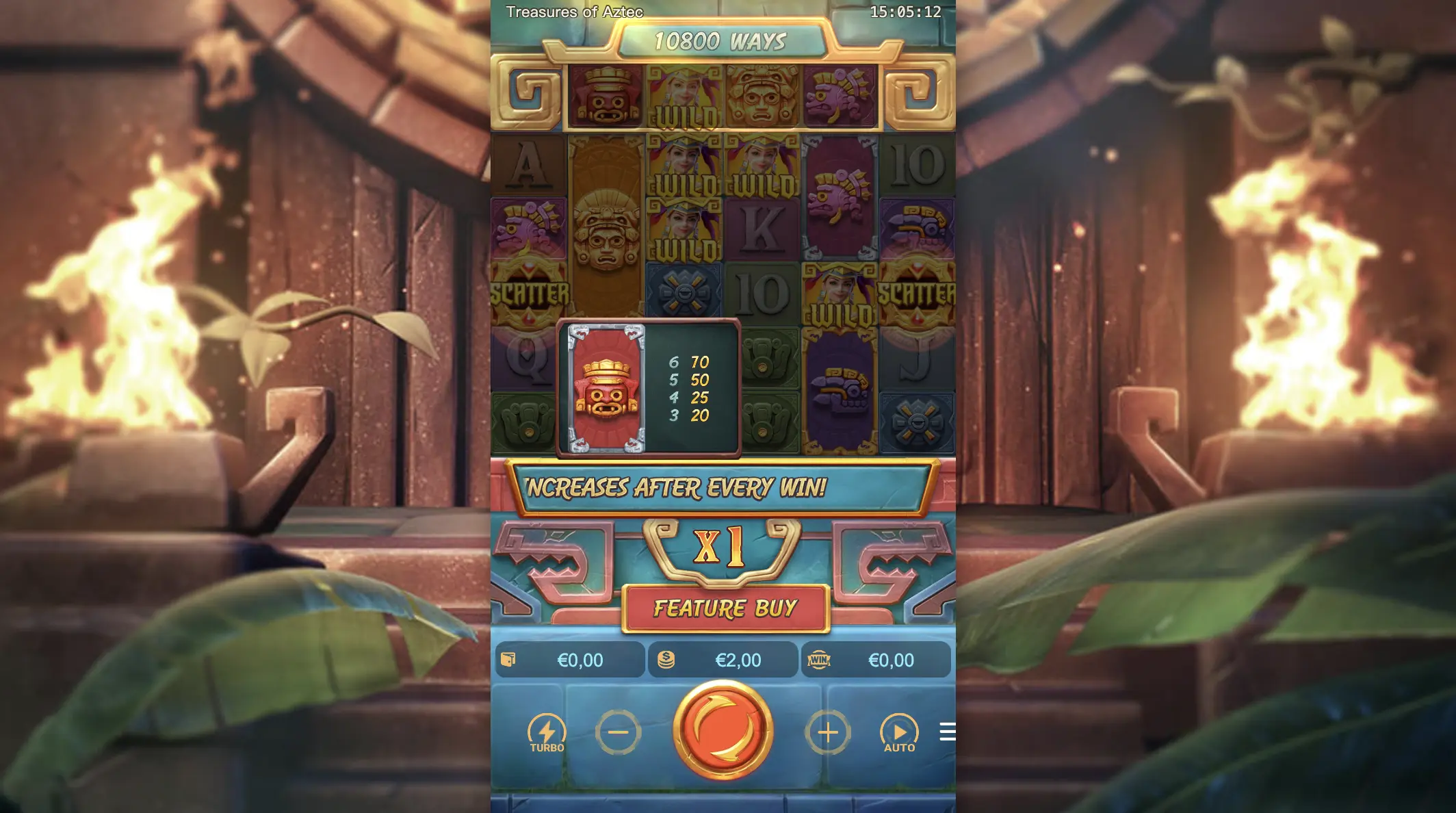 Treasures of Aztec gameplay screen explaining that the free-spins multiplier increases after every win