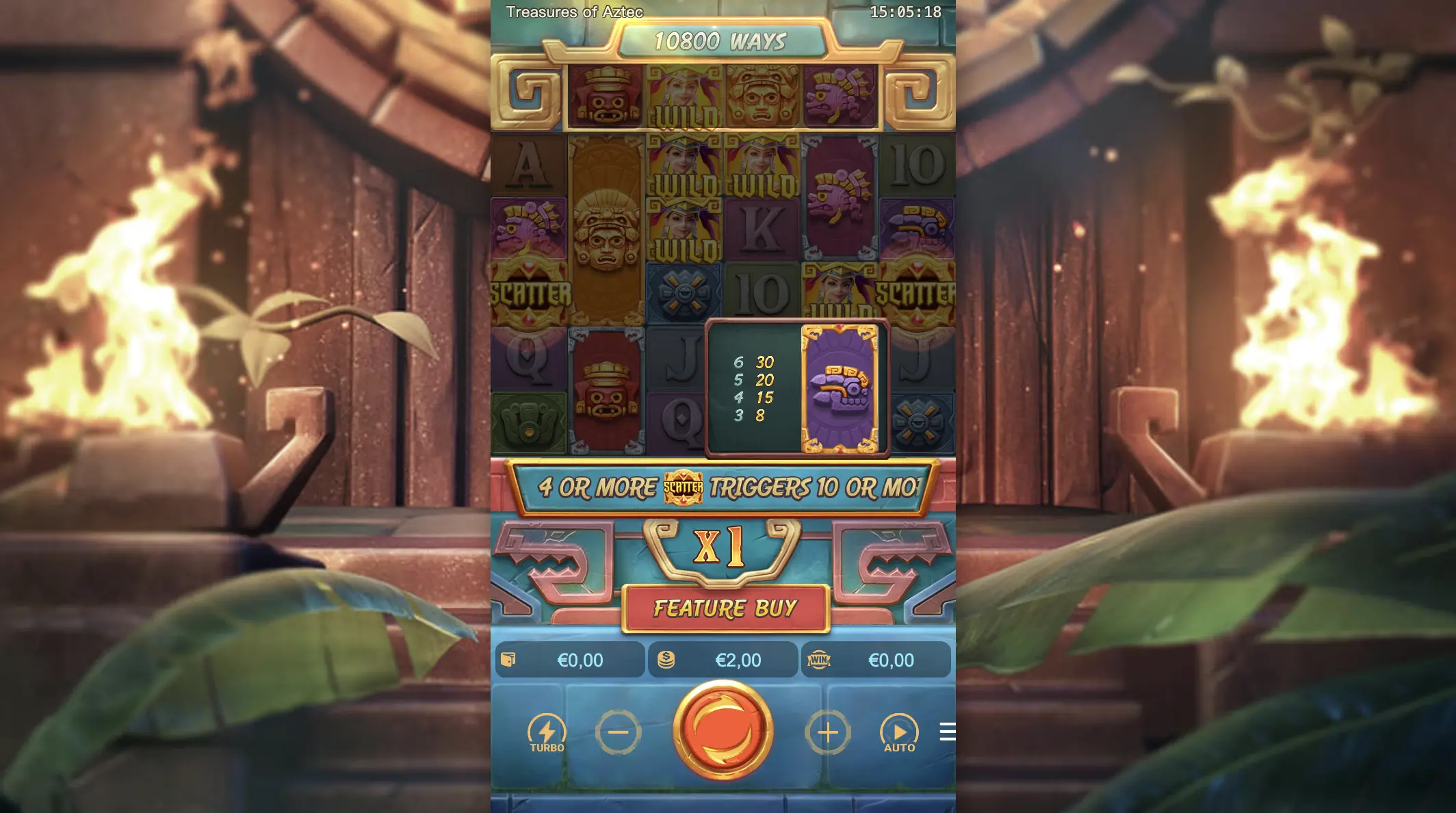 Treasures of Aztec gameplay screen with upgraded framed symbols on the reels